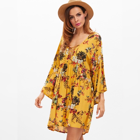 Boho Lace Up Front Bell Sleeve Floral Dress Yellow - Picture 5 of 5